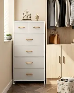 Tall Narrow Storage Dresser with 6 Fabric Drawers, Multi-Purpose Storage Tower for Bedrooms, Entryways and Hallways, Features Sturdy Steel Frame, Wood Top and Wooden Pull Handles, Space-Saving Organizer Unit for Closet and Home Storage, Beige