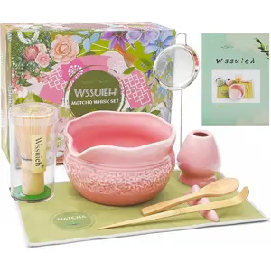 Pink Matcha Set, 8 Pcs Complete Ceramic Matcha Making Kit with Bowl, Bamboo Whisk & Holder, Stainless Sifter, Tea Towel, Scoop & Scoop Rest