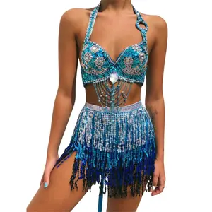 Women Sexy Belly Skirt, Sequined Fringe Miniskirt with Adjustable Waist Straps, Mini Skirt for Dance Performance, Rave Party Womenswear Beach Outfits Blue