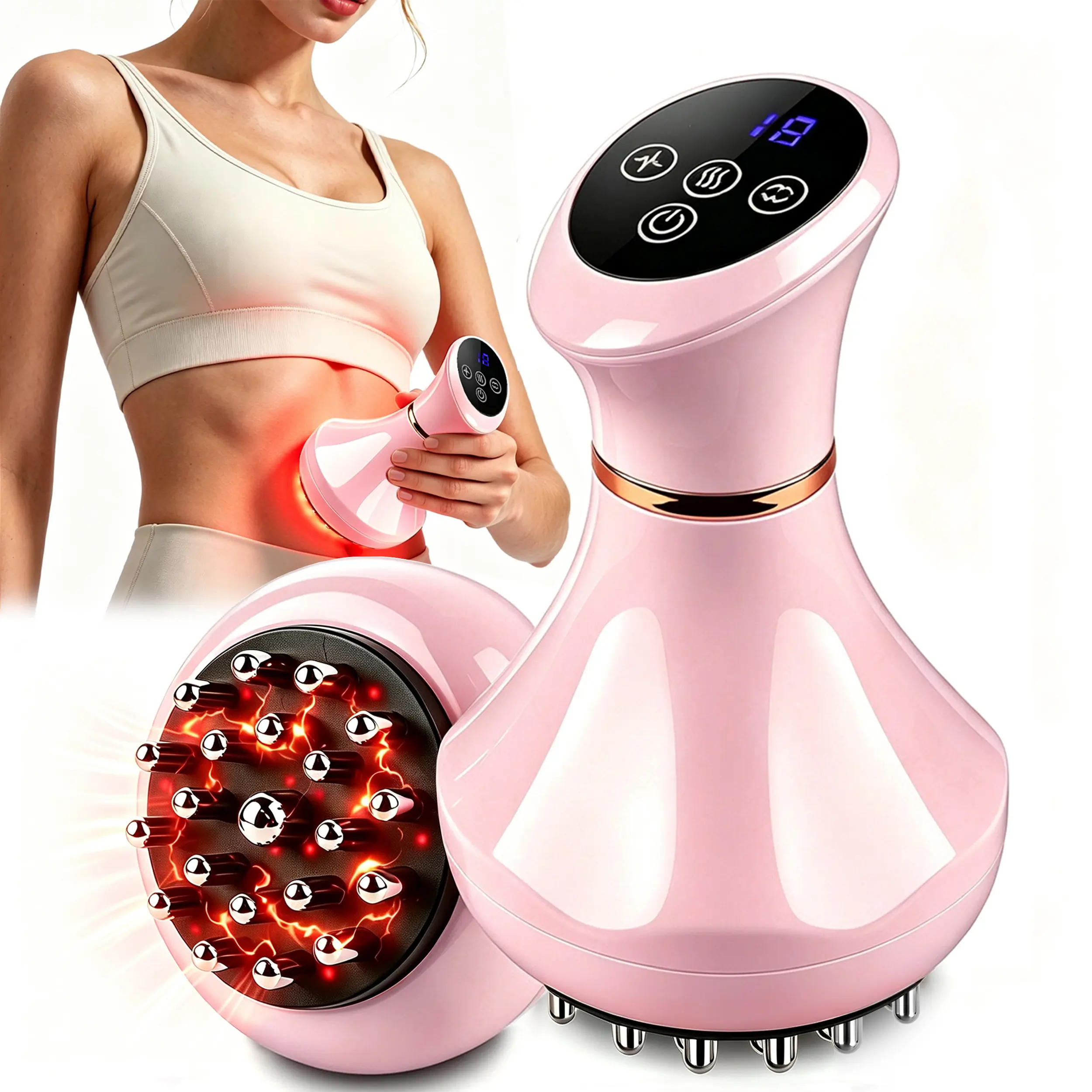 4-in-1 Heated Lymphatic Drainage Electric Meridian Brush with Grip Handle, Lightweight Adjustable Rechargeable Portable Hot Massage Device for Legs, Shoulder, Great Gift for Parents (w/ Massage Oil), Heated Lymphatic Drainage Massage Devices (Pink)