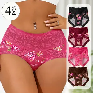 QUASTI 4PCS Mid-Waist Printed Contrast Lace Panties, Cute Graffiti Pattern Casual Breathable Women Briefs, Basic Soft Panties, Perfect For Daily wear, S-5XL