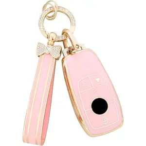 Key Fob Cover for Mercedes Benz Pink Gold Bling Keychain 4 Button Car Keys Case Shell Accessories Protector for Mercedes - Benz C300 CLA A E G S Class AMG GLC GLE GLA GLB GLS Girly Women TPU