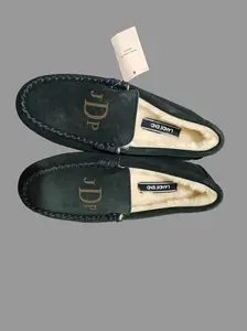 Lands’ End Women's Navy Blue Suede Material Moccasin Slippers - Faux Fur Lined, Custom Initial JDP, Size 6, Shoe, Footwear