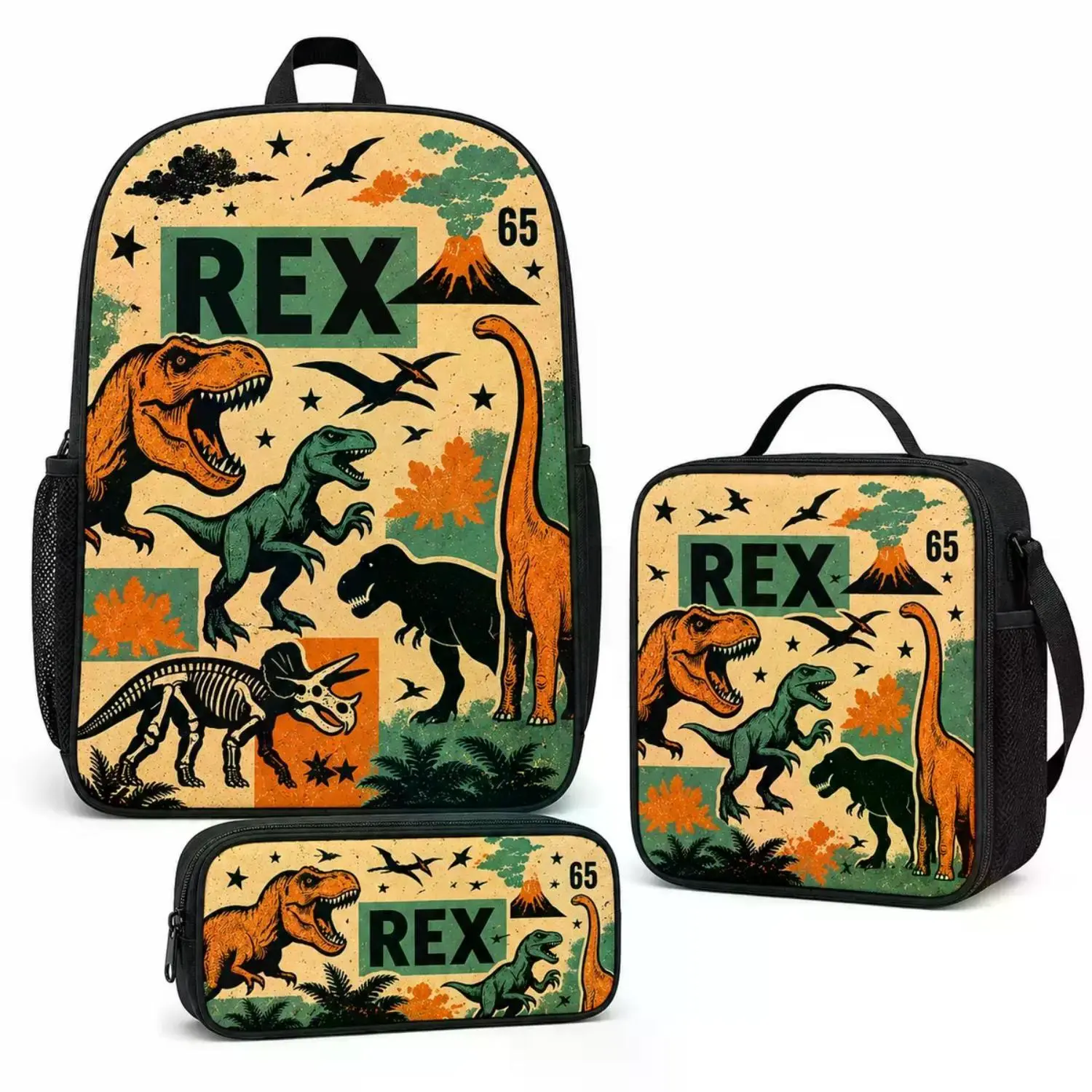 Vintage Prehistoric Roaring Rex 3-Piece Dinosaur Backpack Set for Boys – Adjustable School Backpack, Matching Lunch Bag & Pencil Case, Year-Round Back to School Essential, Travel Daypack Gift