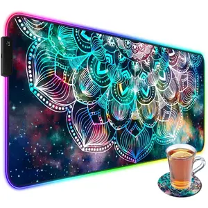 Customized RGB Gaming Mouse Pad For Computer Keyboard And Coffee Coaster,Large Glowing Led Anti-Slip Rubber Base Desk Mouse Mat 31.4x11.8 Inch,Mandala in Galaxy