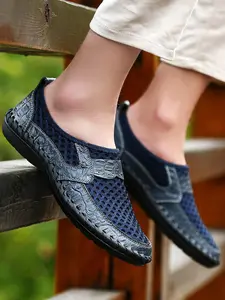 Men's Summer Fashion Slip-On Wide Head Cool Leather Shoes, Lightweight Breathable Mesh Sneakers, Anti-Slip Rubber Sole Beach Shoes