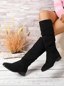 Women's Fashion Pointed Toe Chunky Heel Boots, Elegant Zipper Design Knee High Boots, Perfect for Fall & Winter Seasons