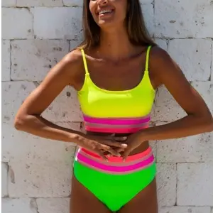 Neon Bikini Set For Women High Waisted - Two Piece Swimsuit Crop Top Bathing Suit; Bright Color Block Design; Summer Beach Pool Vacation Swimwear