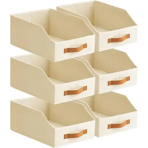 Fabric Storage Bins for Organizing - 6 Pack Large Trapezoid Collapsible Storage Bins with Front Handle, Closet Organizers and Storage for Bedroom,  Shelves, Small Spaces, Beige