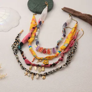 Women Vacation Statement Necklace Tropical Boho Fabric Ribbon Choker Gold Plated Cowrie Shell Flower Charm Necklace