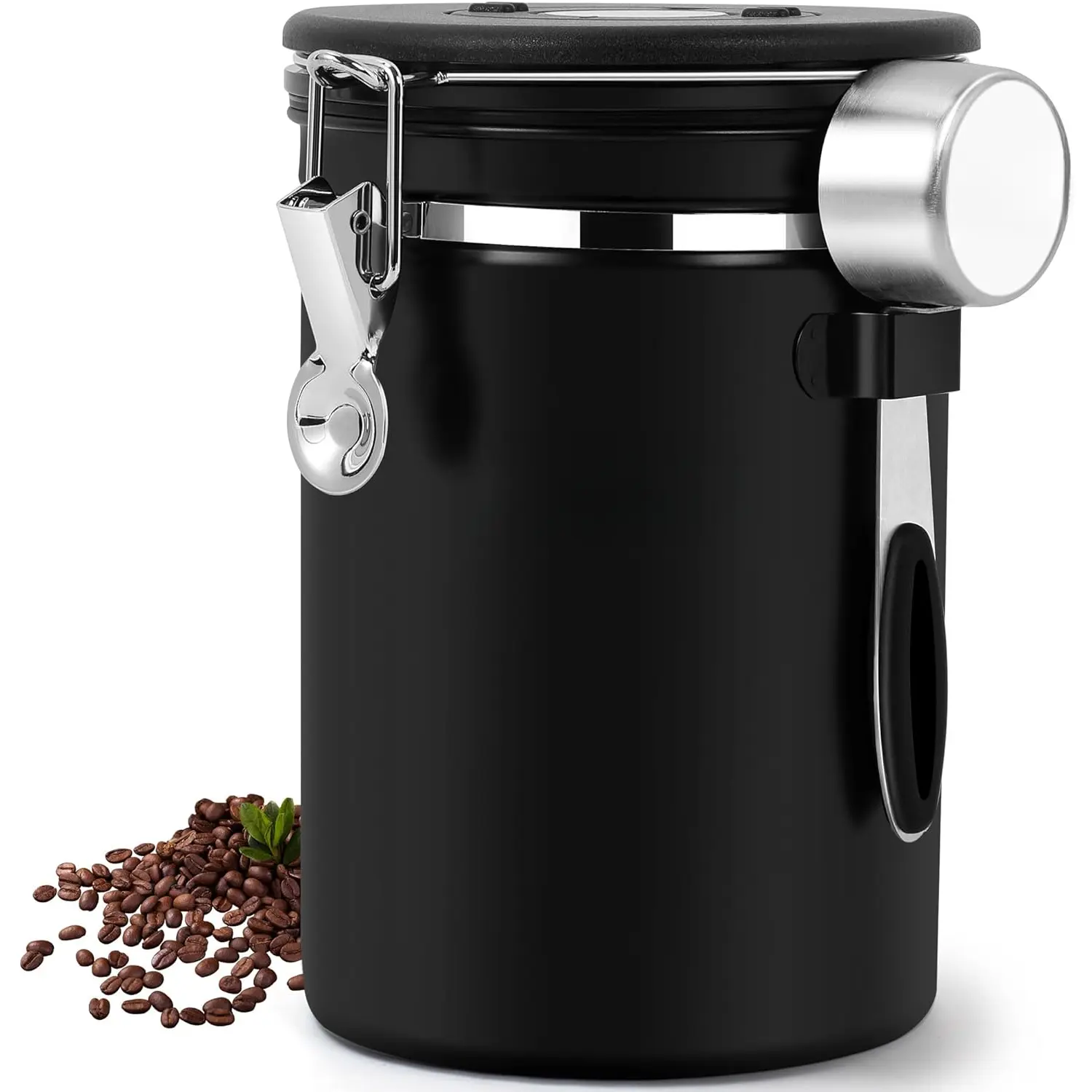 Coffee Canister,  22OZ Large Stainless Steel Coffee Bean Storage Container with Airtight Lids, Elegant Black Coffee Grounds Container with Data  and Scoop for Tea, Sugar, Flour