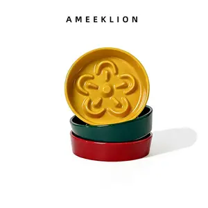 Ceramic Slow Feeder Bowl for Small, Medium Dogs, Cats, 16cm Wide Diameter & Wide Opening Flower Pattern Slow Eating Dish with Anti-Slip Bottom, Prevents Bloat & Vomiting, Durable Glazed Pet Bowl (Multiple Colors)