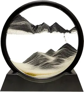 HYUGF Moving Sand Art Picture Decor, 3D Deep Sea Sandscape Liquid Motion, round Glass Frame Display Flowing Sand Relaxing Gift for Kids Adults Home Office Work Desktop Decoration Toy (Black, 7")