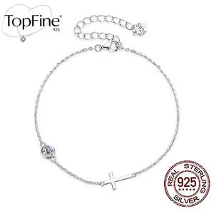 Simple Cubic Zirconia 925 Sterling Silver Cross Charm Bracelet Adjustable Size For Women Daily Wear Party Holiday Gift Fine Religious Jewelry