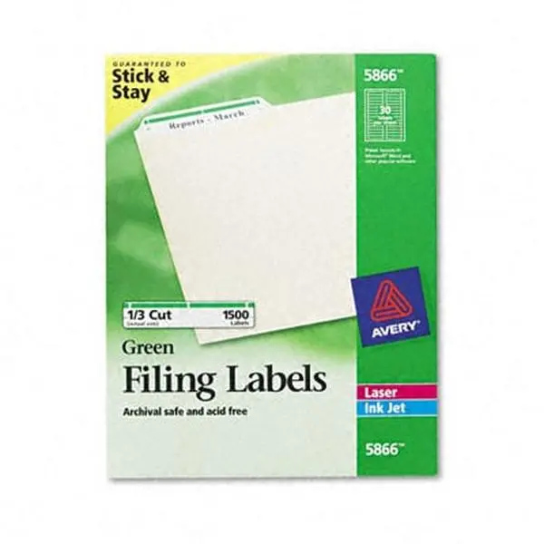 Avery 5866 Self-Adhesive Laser and Inkjet Compatible Top Tab File Folder Adhesive Labels & Stickers - 1/3 Cut, 3 7/16 x 2/3 in, Green Border, Stick and Stay Adhesion, TrueBlock Technology, Coordinated Look, 1500 per Box, Coordinated Organized File Systems