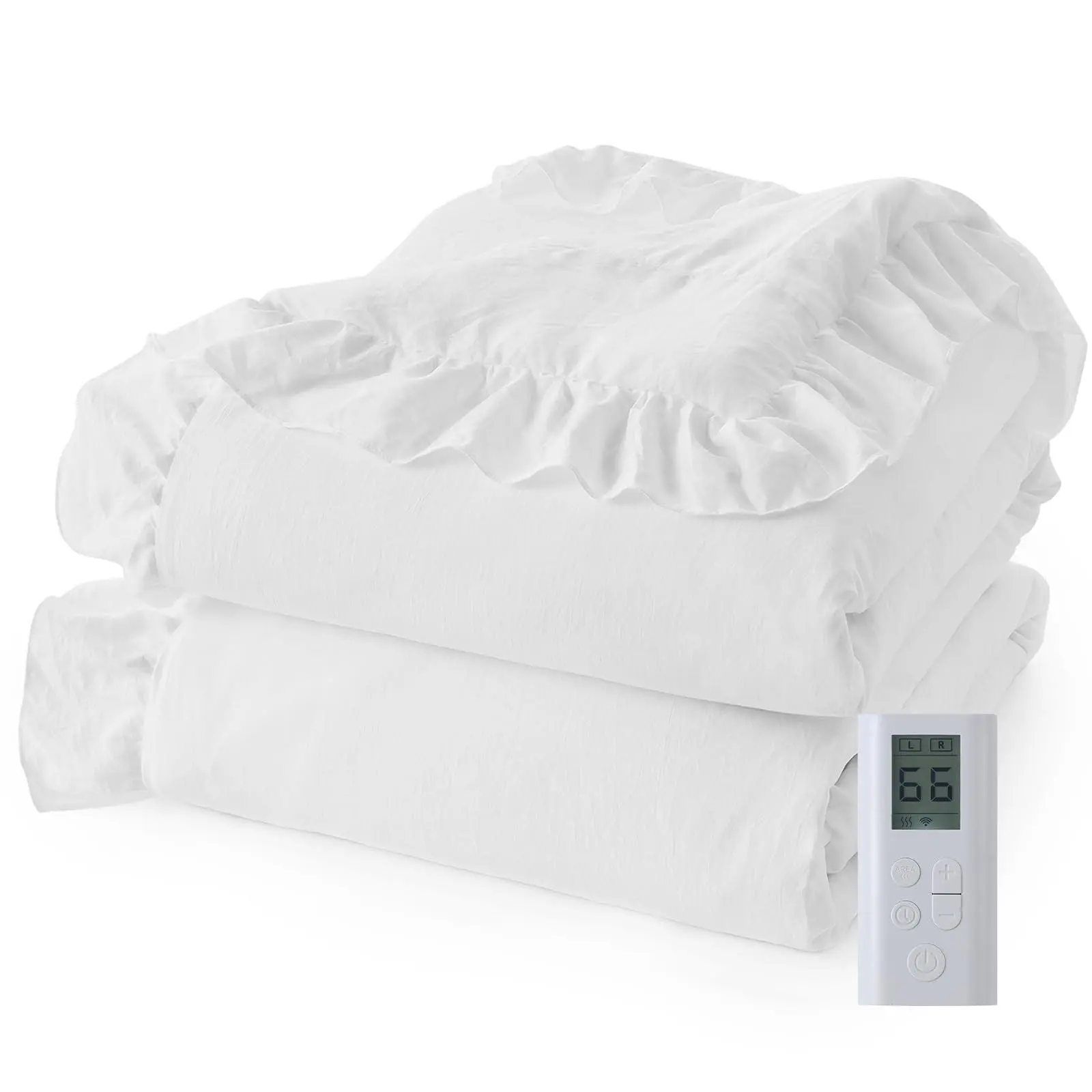Heated Comforter Blanket, Queen Size, Electric Quilt with Ruffles and Wireless LCD Controller, Fast Heating & Overheat Protection, ETL Certified, Machine Washable (White, Queen 90" x 90") patio chairs side view mirror silver gray garden lawn