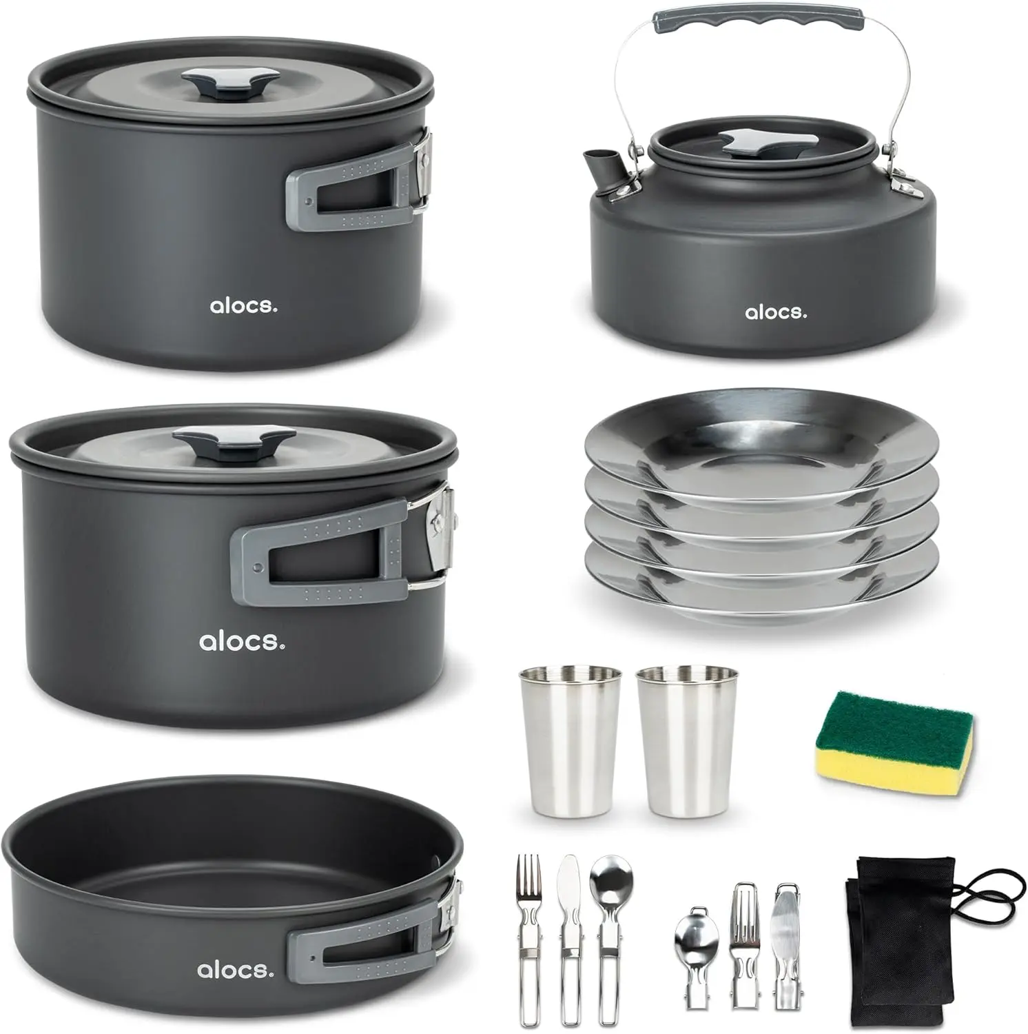 Alocs Camping Cookware Set - Lightweight Camping Pots and Pans - Portable Outdoor Cookware with Kettle - Camping Cookware Mess Kit for 2