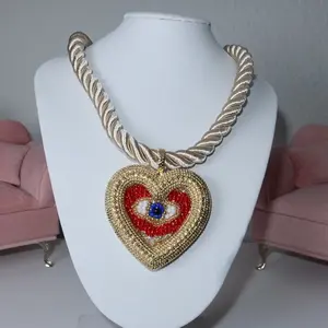 Heart Pendant Necklace with Red and Blue Beads, Gold Color, Rope Design, Elegant Style