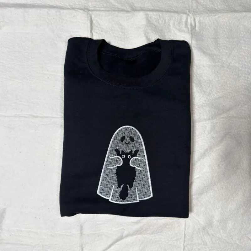 Ghost Holding Cat Embossed Embroidered Gildan Sweatshirt