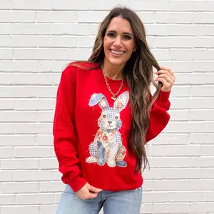Denim Easter Bunny FAUX Patchwork , Faux Yarn , Shabby Chic, Farmhouse Bunny, (NOT real Fabric Patches)Trendy Sweatshirt