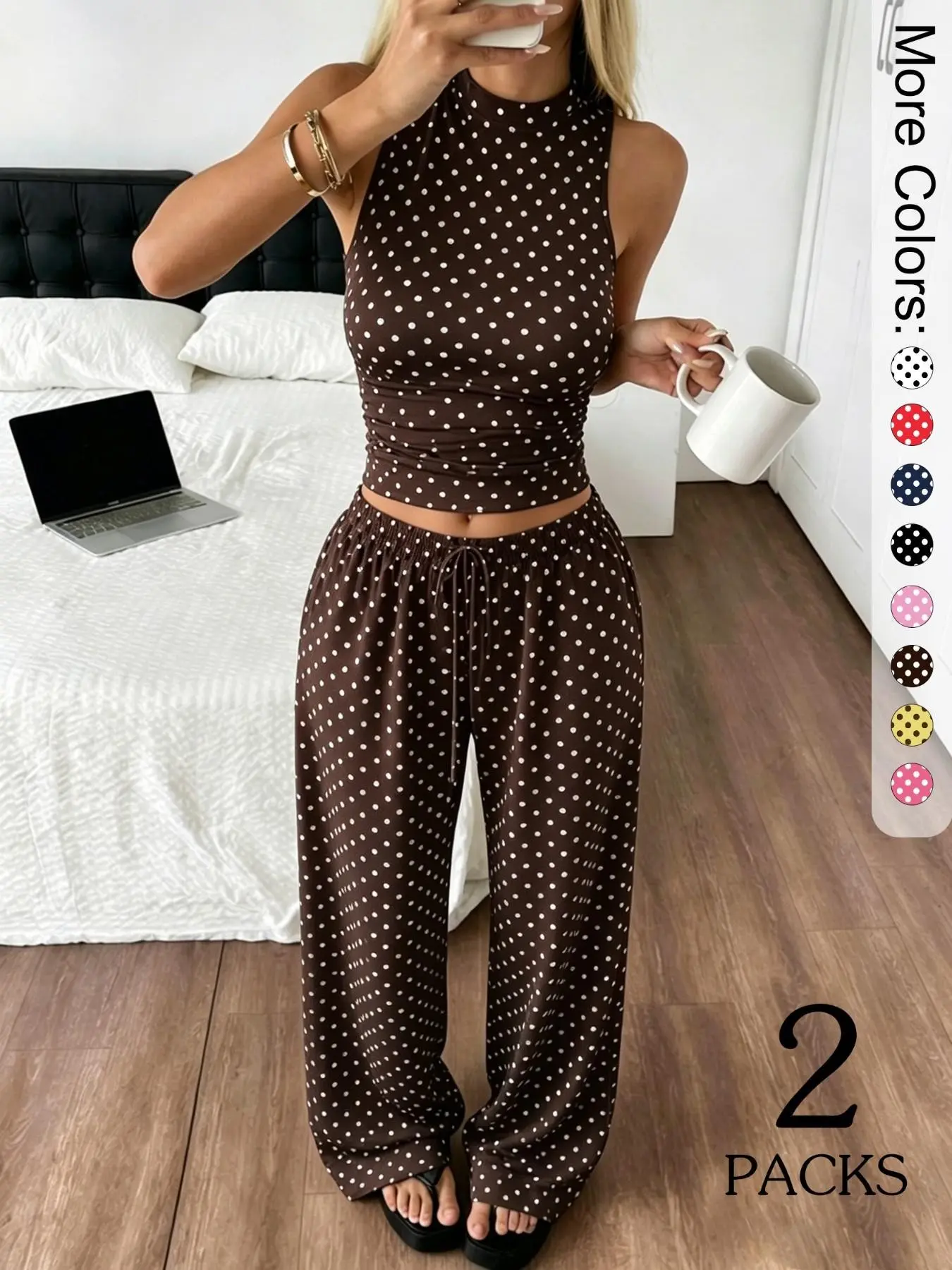 2 Pack Women's Polka Dot High Neck Tank Top & Wide Leg Pants Set, Soft Lounge Set, Casual Matching 2 Piece Loungewear Outfits, Trendy Streetwear with Paisley Print Vibe, Perfect for Lounging & Daily Wear Clothes