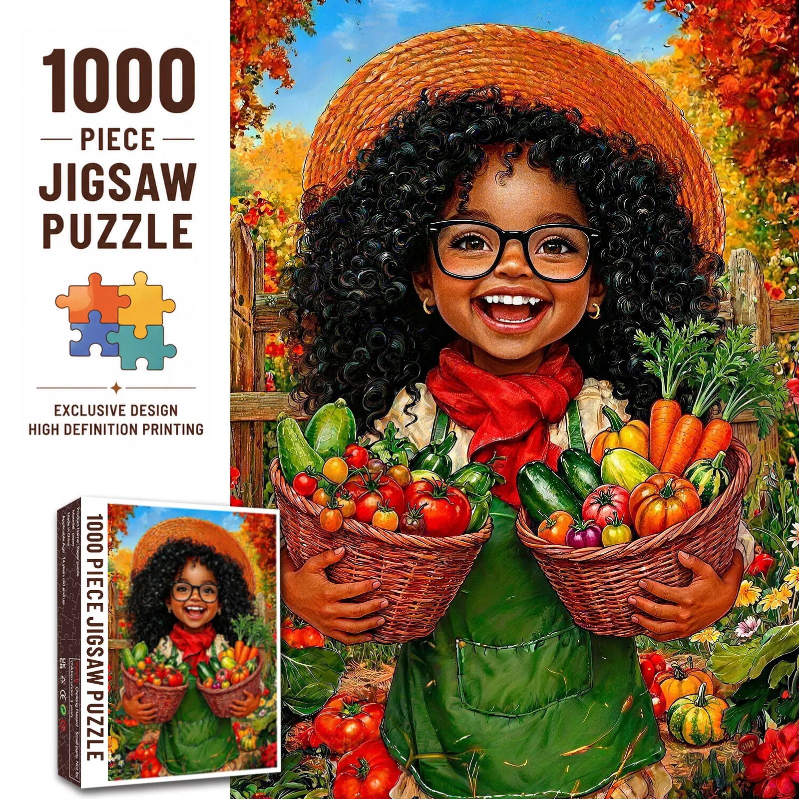 Walarky Harvest Garden Girl 1000 Pieces Jigsaw Puzzle, Autumn Farm Girl Vegetable Basket Art Puzzle for Adults, Family Game, Stress Relief and Relaxation, Brain Teaser Challenge, Rustic Wall Decor, Puzzle Lover Gift for Women and Seniors, 70x50cm