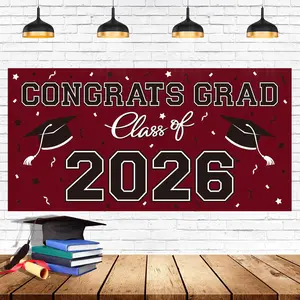 2026 Graduation Party Plastic Backdrop 65" x 32.7" Congrats Grad Banner Maroon Large Class of 2026 Decorations Photography Grad Party Supplies