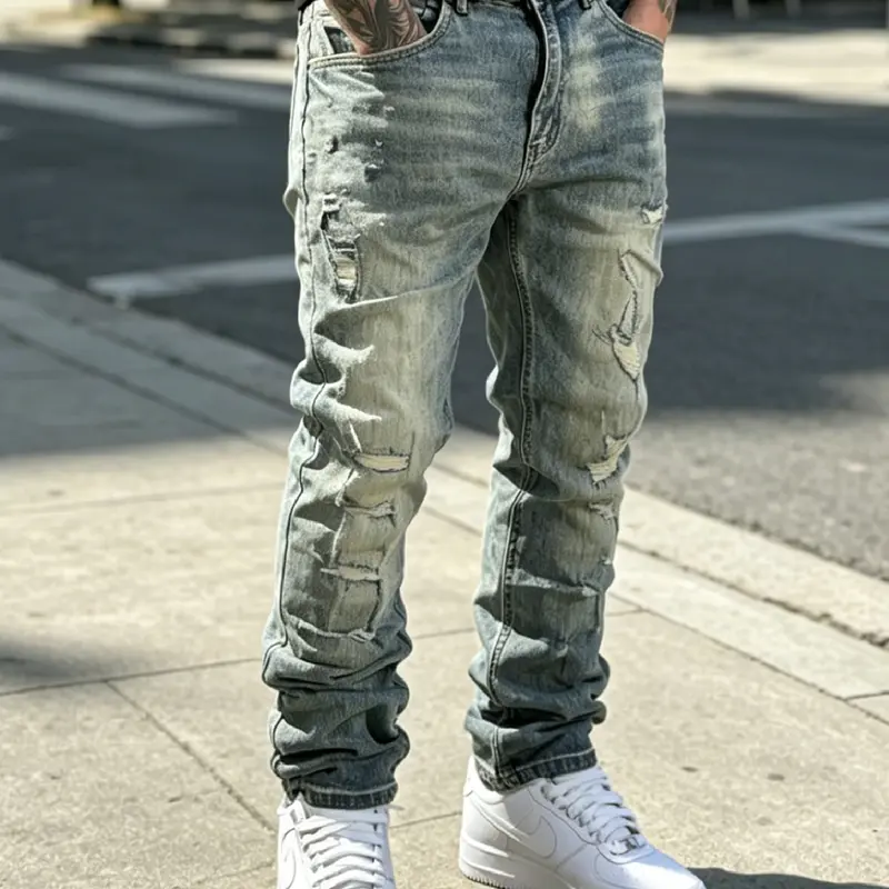 SRETOUU Men's Stylish Holes Baggy Jeans Men Hip Hop Streetwear Ripped Distressed Denim Pants Loose Jeans Straight Trousers Menswear Casual