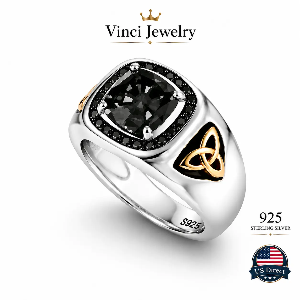 925 sterling silver Gothic Black Cushion Stone Signet Ring with Celtic Trinity Knot Two Tone Vintage Statement Jewelry for Men Women and Boyfriends Dark Academia Biker Punk Medieval Inspired Bold Luxury Style Everyday Party Anniversary Birthday Gift