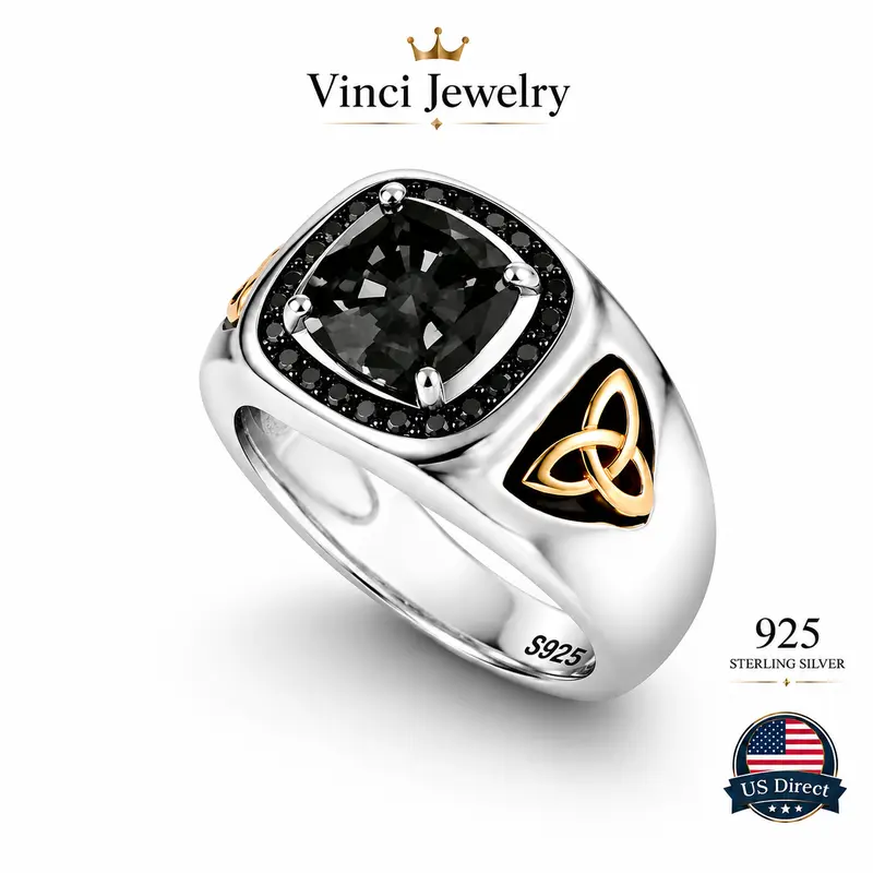 925 sterling silver Gothic Black Cushion Obisidian Signet Ring with Celtic Trinity Knot Two Tone Vintage Statement Jewelry for Men Women and Boyfriends Dark Academia Biker Punk Medieval Inspired Bold Luxury Style Everyday Party Anniversary Birthday Gift