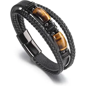 Mens Leather Beads Bracelets  Tiger Eye Stone/Black Obsidian Beaded Multilayer Braided Leather Cuff Bracelets with Stainless Steel Clasp Protection  Gifts for Him