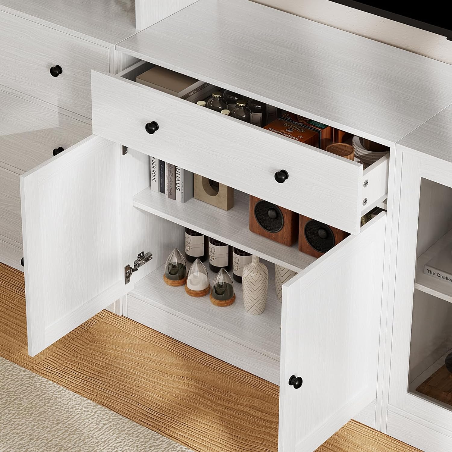 4-Piece Large TV Stand with Bookshelves for TVs up to 75", TV Entertainment Center Media Center with Tempered Glass Doors and Sh