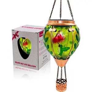Hot Air Balloon Solar Lantern with Flame, Glass Solar Hanging Lanterns Outdoor Waterproof for Outdoor Garden Decor Yard Patio Tree, Mother's Day Gift (Red Flower Hummingbird)