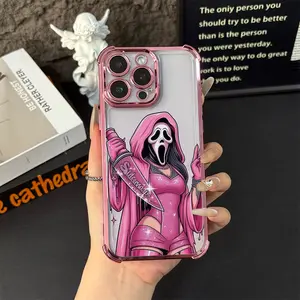 Soft Case for iPhone 16 Pro Max 15 Plus 14 13 12 11 Halloween Cute Pink Horror Ghost Love Anti-Yellowing Shockproof ultra-thin Silicone Crystal Cover