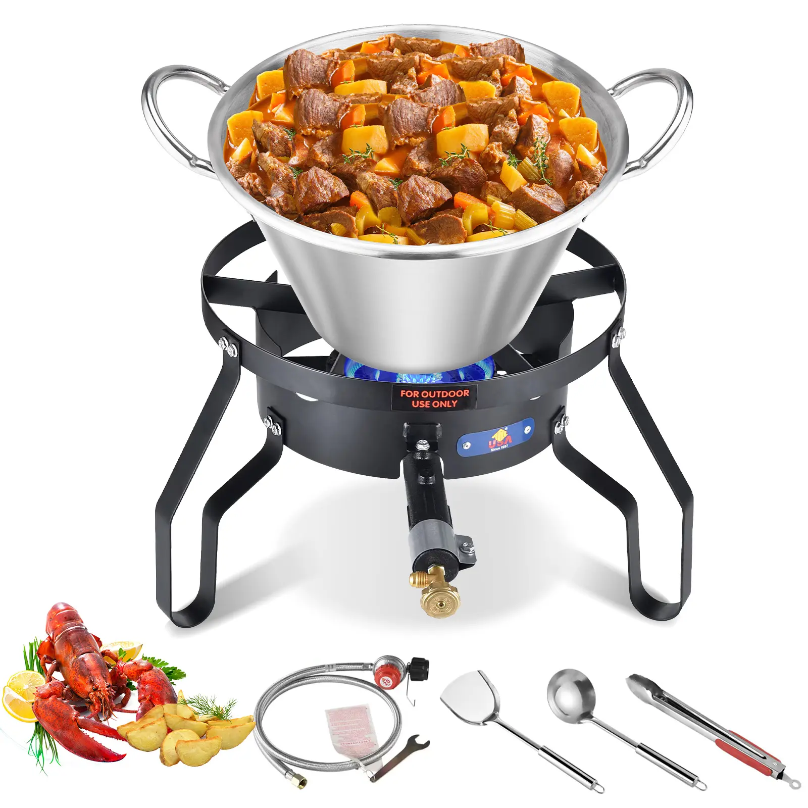 22QT Mexican Cazo Para Carnitas w/100,000BTU Propane Burner Set, Sandwich Bottom Heavy Duty Outdoor Wok Set, Great for Braising, Seafood Boiling, Plancha para Tacos, Inoxidable Wok comal Fry
