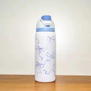 Owala FreeSip Water Bottle - Blue Bow Ribbon Design, Insulated Stainless Steel, Leak-Proof, Perfect for School, Gym & Daily Use | Cute Coquette Style，Trendy Hydration Must-Have | BPA-Free, Ideal for Travel & Outdoor