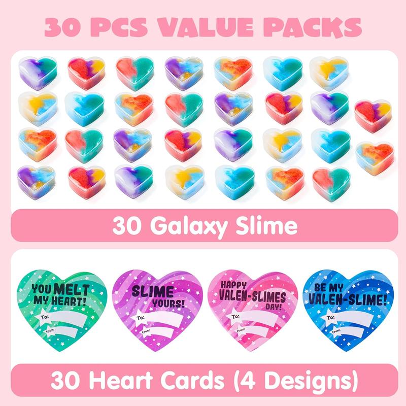 30Pcs Cosmic Realm Slime Hearts / Balls with Kids Valentines Cards for Classroom Exchange 2025 Valentine Exchange Cards &30Pcs Galaxy Slime Valentine's Day Gifts for Kids