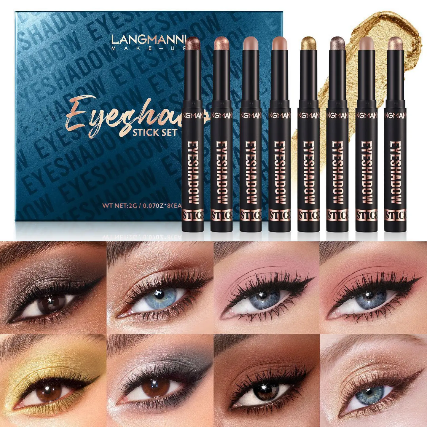 8-Piece Soft Smooth Cream Eyeshadow Stick Cosmetic Gift Set - Matte Earth Tones, Bright Metallic Contour Sticks, Waterproof Long-Lasting Makeup Products, Beauty Products, Gift Sets For Women