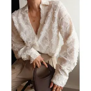 Commense Luxurious White Textured Button-Down Shirt for Women - Elegant Fuzzy Blouse - Size L - Dress, Casual
