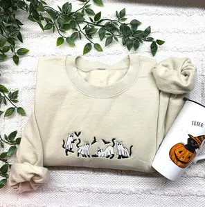 Embroidered Cat Ghosts Sweatshirt, Cute Ghost Black Cat Halloween Sweatshirt