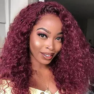Wear and Go Glueless Wigs Human Hair Pre Plucked Pre Cut 99j  Burgundy Lace Front Wigs for Black Women 180 Density Water Wave Bob Wig Colored Human Hair Curly Wig (99j  Burgundy Color, 12 Inch)