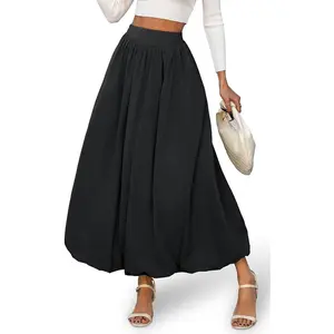 Women's Bubble Maxi Fall Winter Skirt, Elastic Waist Puffy Hem A-Line Skirt with Pockets