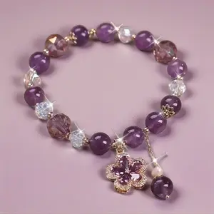 Natural Amethyst Crystal Bracelet For Women Girls Faceted Quartz Synthetic Zircon Flower Pendant Quiet Luxury Coquette Aesthetic All Season Daily Wear Beaded Jewelry Gift