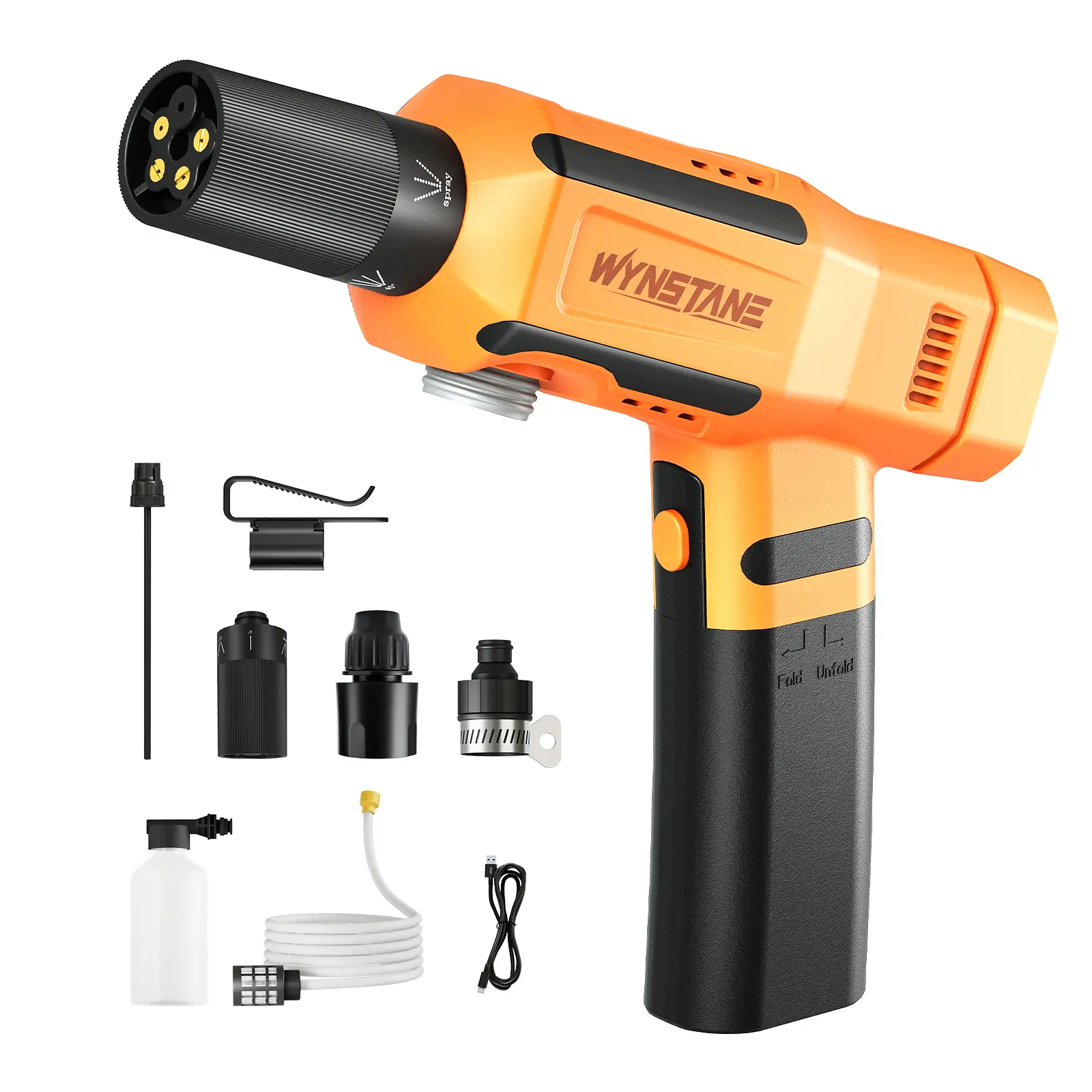 WYNSTANE - Foldable Cordless Pressure Washer, Wireless High Pressure Car Wash Water-Gun with 5-in-1 Nozzle, Max 325 PSI Portable Power Washer with 16.73 FT Hose, 8.0Ah Battery, Type-C Charging for Camping, Bicycles, and Patio