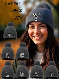 Women's Letter A-Z Knitted Beanie Hat, High Elasticity Fit, Warm Outdoor Winter Accessory, suitable for outdoor wear in autumn and winter，perfect for Christmas