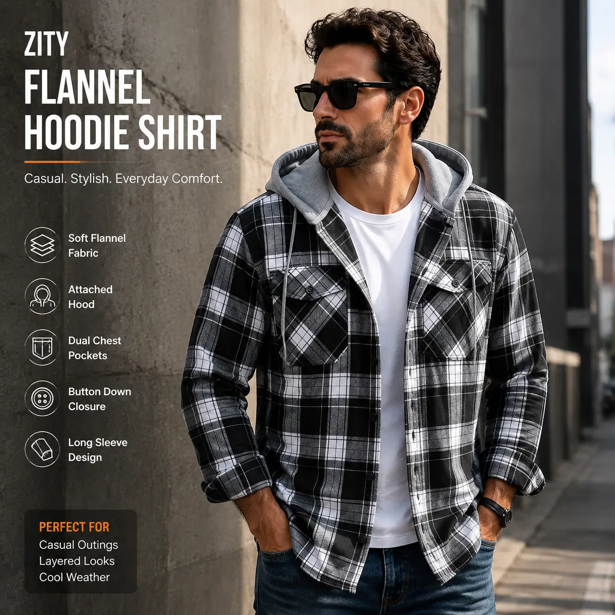 ZITY Men's Flannel Hoodie Shirts Casual Button Down Plaid Shirt Jackets for Men Long Sleeve Stylish Hooded with Pocket Dress Fashion Leather Menswear