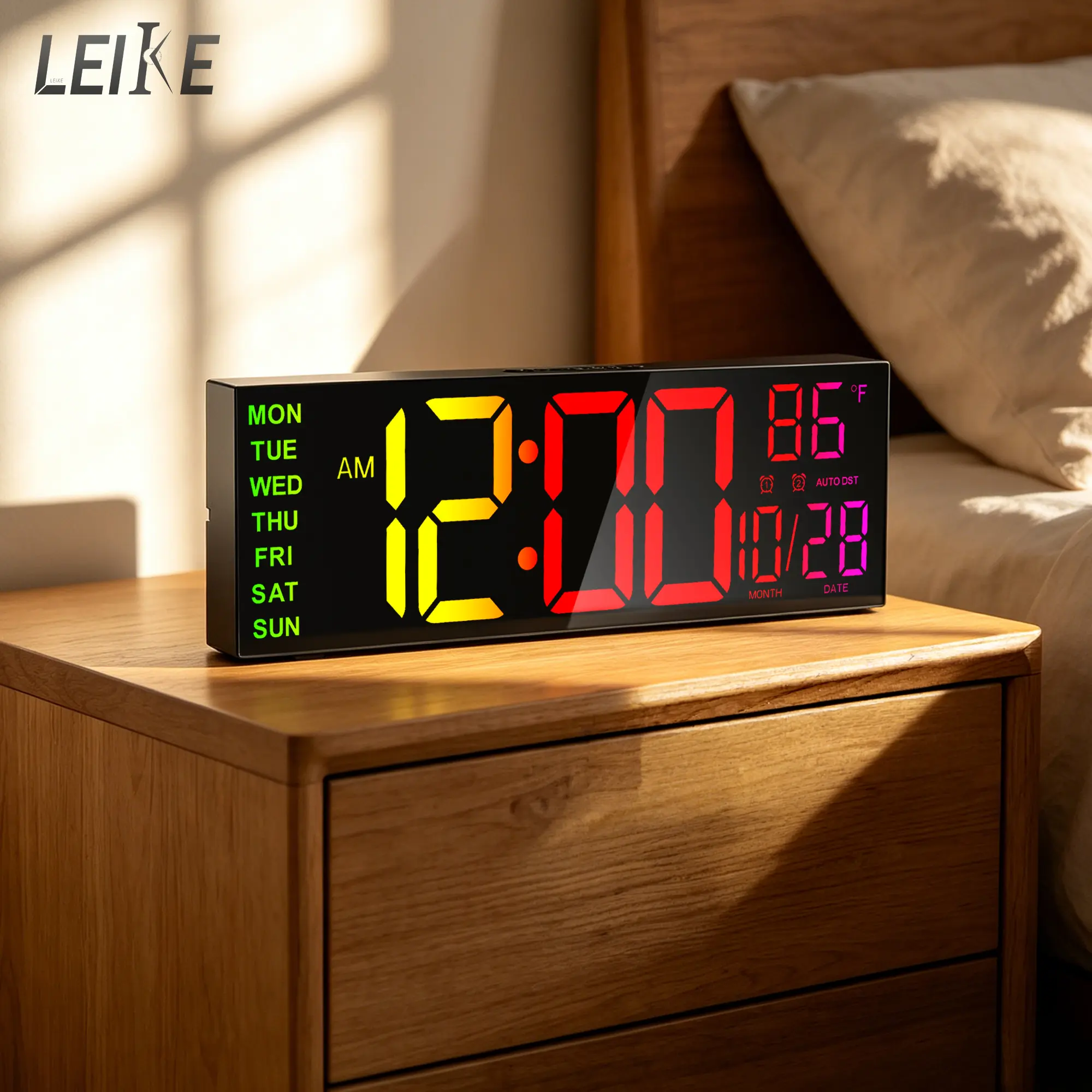 Upgraded 12.4" Large Digital Wall Clock with 8-Color LED Display, Night Light, Remote Control, Dual Alarm and Auto Dimming