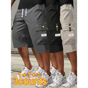 3 Pack of Men's Summer Cargo Shorts - Casual Fashion, with Drawstring Waistband, Large Pockets & Monogram Patch Detailing, Polyester, Non-Stretch Fabric, Available in Black, Dark Grey, Olive Green, Versatile Shorts, Sporty Style Shorts, Durable Fabric