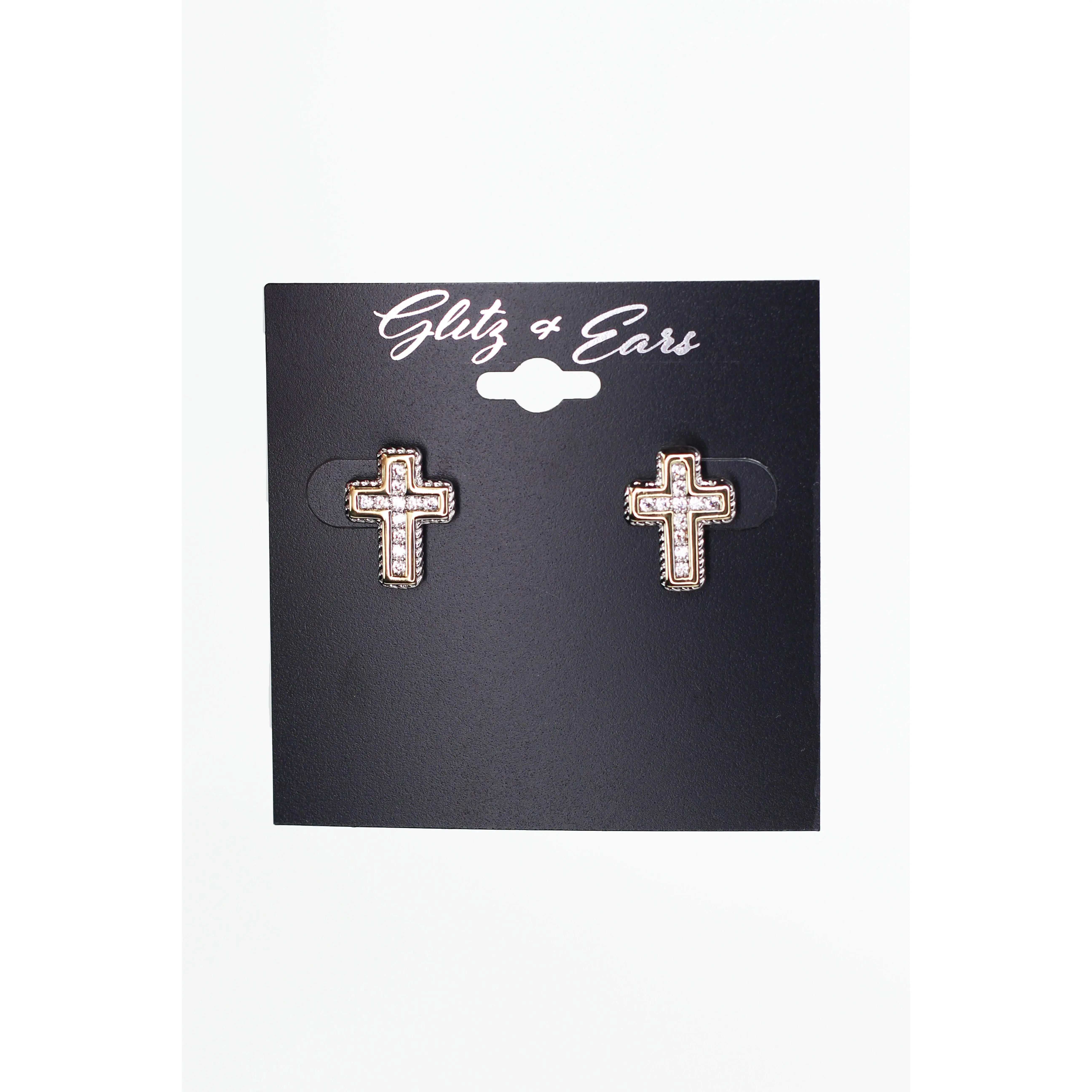 Pave Cross w/ Two Tone Trim Stud Earrings