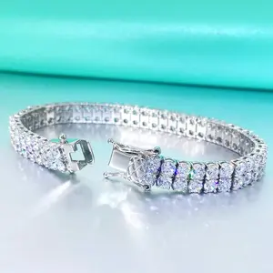 2 ROWS 10.8carats Moissanite Tennis Chain Bracelets For Women Men, 925 Sterling Silver, 3mm 0.1ct D Color VVS1 Round Cut Fine Jewelry For Christmas New Year Gifts, 17.5cm/ 6.89in